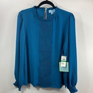 CeCe Women's Petite Large  Long Sleeve Smocked Cuff Pin-Tuck Front Blouse PL NWT